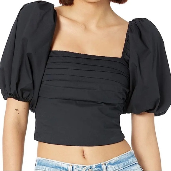 Abercrombie & Fitch Tops - Abercrombie & Fitch Emerson Top Size Small Black Poplin Crop Shirt Puff Sleeve